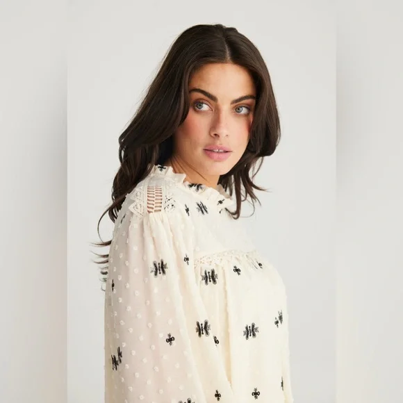 EUC Bohme Sheer Cream and Black Embroidered Long Sleeve Mock Neck Blouse - Picture 3 of 12